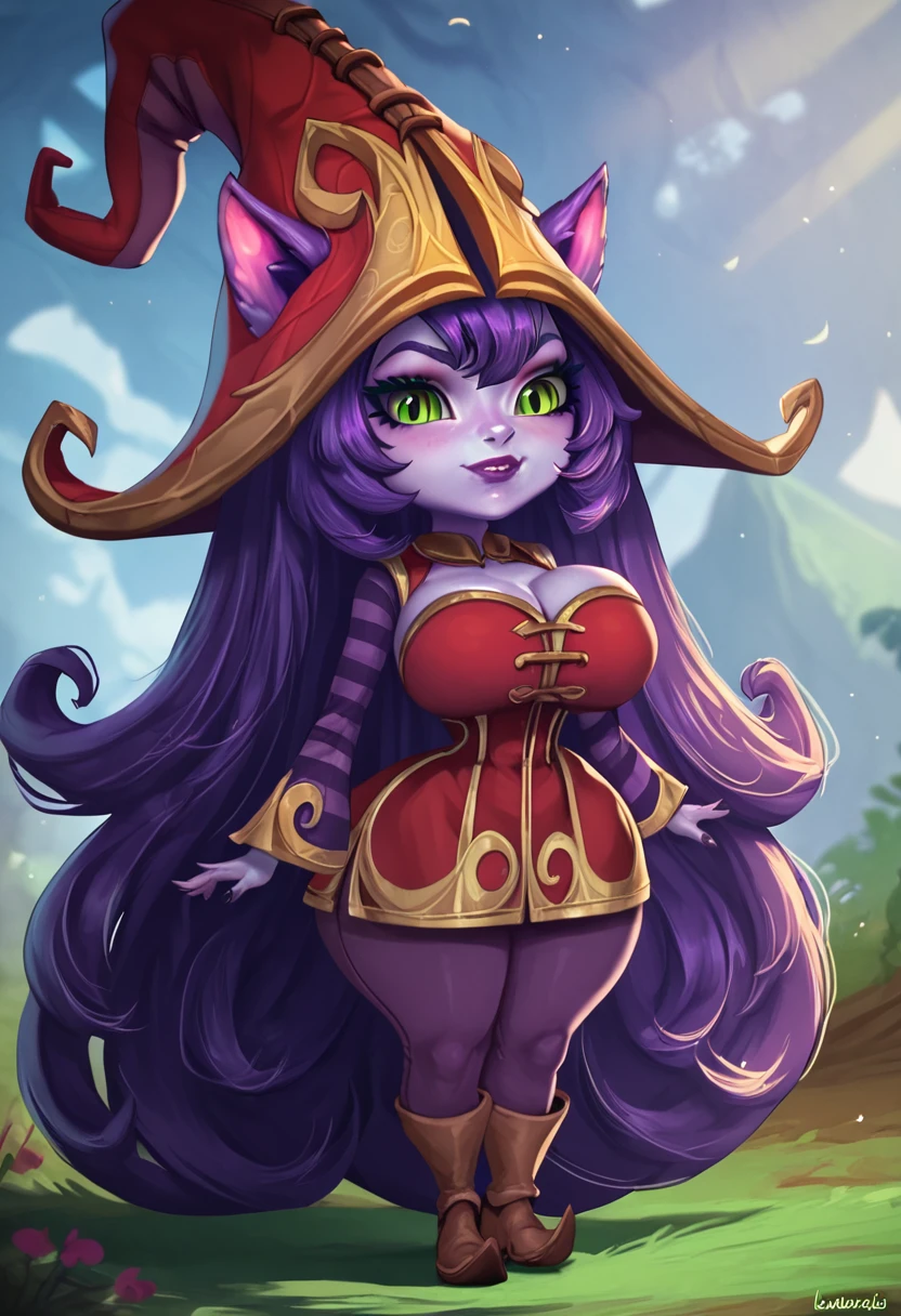 1girl, solo, masterpiece, best quality, detailed, narrow waist, wide hips, huge breasts, huge ass, score_9, score_8_up, score_7_up, LuluLoLXL, yordle, shortstack, green eyes, purple hair, very long hair, sidelocks, bangs, animal ears, purple skin, colored skin, witch hat, ears through headwear, red dress, purple striped sleeves, purple pantyhose, boots,