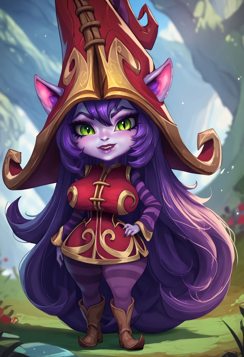 1girl, solo, masterpiece, best quality, detailed, narrow waist, wide hips, huge breasts, huge ass, score_9, score_8_up, score_7_up, LuluLoLXL, yordle, shortstack, green eyes, purple hair, very long hair, sidelocks, bangs, animal ears, purple skin, colored skin, witch hat, ears through headwear, red dress, purple striped sleeves, purple pantyhose, boots,