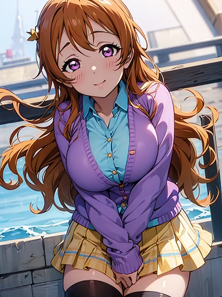 (((lovelive! school idol project,))) (((lovelive!,))) (((Kanata Konoe,))) purple eyes, orange brown hair, long Hair, wavy hair, splash curl hair, , blue pleated shirts, light yellow cardigan, blue check skirt, 1 girl, long bangs between eyes, ((huge breasts,)) ((View from below,)) Under the breasts, ((black thighhighs,)) closed mouth, gleaming skin, glistening skin, oil skin,