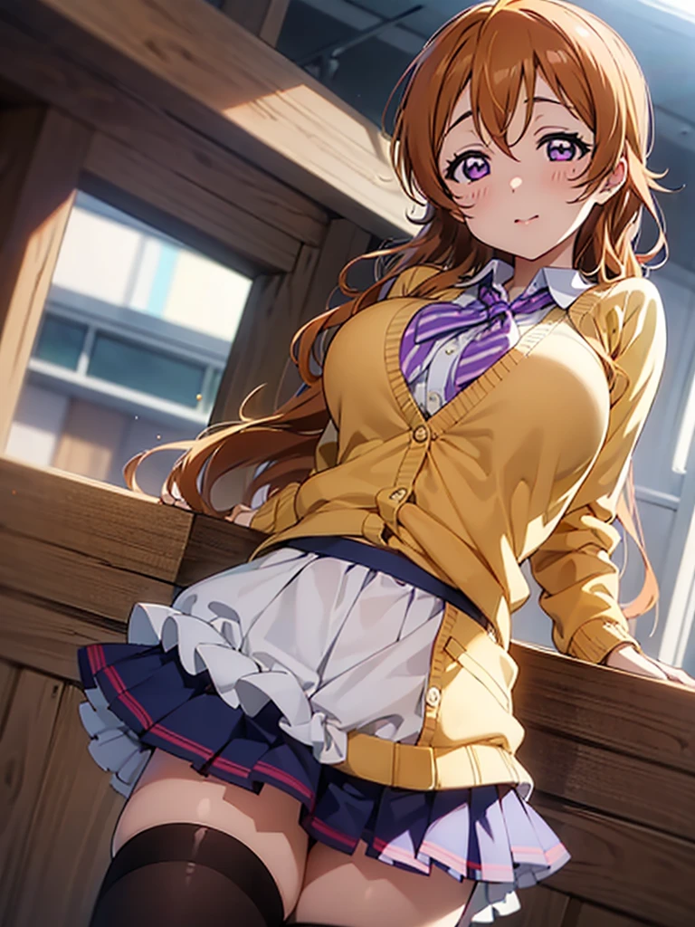 (((lovelive! school idol project,))) (((lovelive!,))) (((Kanata Konoe,))) purple eyes, orange brown hair, long Hair, wavy hair, splash curl hair, , blue pleated shirts, light yellow cardigan, blue check skirt, 1 girl, long bangs between eyes, ((huge breasts,)) ((View from below,)) Under the breasts, ((black thighhighs,)) closed mouth, gleaming skin, glistening skin, oil skin,