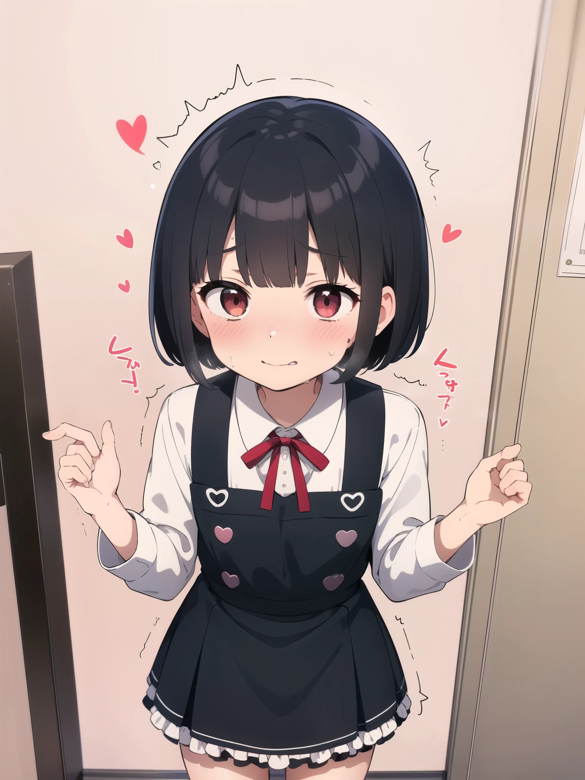 master,piece,best quality,Small and cute 、、Black Hair、Bob Hair、smile、((Black frilly pinafore skirt))、Take a walk around the city、Slender body、Thin legs、Small breasts、Flat Chest、((Embarrassed、Embarrassed、Red face、Eyes are hearts、orgasm、Sigh、Sweat))