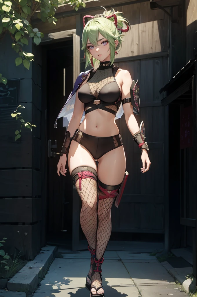 ((1girl, solo)), (((cowboy shot))), (legs apart:1.5), standing, beautiful body, (perfect anatomy, perfect body, perfect hands, perfect legs), natural proportions, sexy body, (large breasts:1.5), (full body, full-body shot, full body front:1.5) BREAK

((extremely detailed face)), (beautiful detailed eyes:1.6), (realistic pupils, realistic iris:1), expressive eyes, looking at viewer, (clear eyes:1.3), (hyperrealistic:1.2), (detailed skin texture:1.2), smooth skin, kuki shinobu, purple eyes, green hair, ((mouth mask)), perfect face, perfect eyes BREAK

ninja, (fishnet top:1.5), (crop top:1.5), cleavage, (cropped jacket:1.5), (shoulder armor:1.5), (arm guard:1.5), partially fingerless gloves, midriff,  black panties, ((black thighhighs)), (((greaves))), sandals, (revealing clothes:1.5), (japanese armor:1.5), (samurai armor), (highleg panty straps:1.4), tassel, thighs, ass visible through thighs BREAK

outdoor, day, japanese building, east asian architecture BREAK 

(masterpiece:1.5), anime-style, top quality, best quality, (beautiful and aesthetic:1.2), (ultra detail:1.5), Ultra-detailed depiction, Ultra-precise depiction, extremely detailed 8k illustration, high resolution, (highly detailed shading:1.2), (realistic lighting:1.4), perfect lighting, vibrant colors, dynamic tones, striking hues, 8k, absurd resolution, perfect shadows, hdr, UHD, ambient lighting, realistic, ultra-realistic, photo realistic, highly detailed, rich detail, luminous colors, fine texture, intricate design, professional illustration, (soft light:1.2), (illustration:0.7)