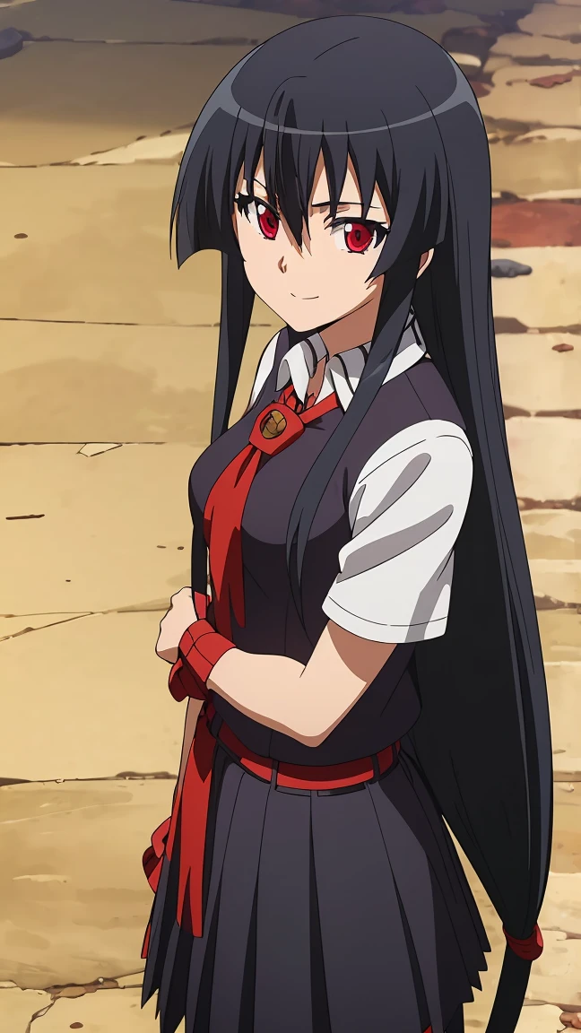 Master piece, best quality,(((1girl,solo))),full_body,akame,red_eyes,black_hair,(((very_long_hair))),cowboy_short,looking_at_me,smile_face,(school_uniform,skirt, serafuku, pleated skirt, neckerchief, short_sleeves, sailor_collar, blue_skirt,white_shirt, red_neckerchief, blue_socks, loafers),backgroud_school