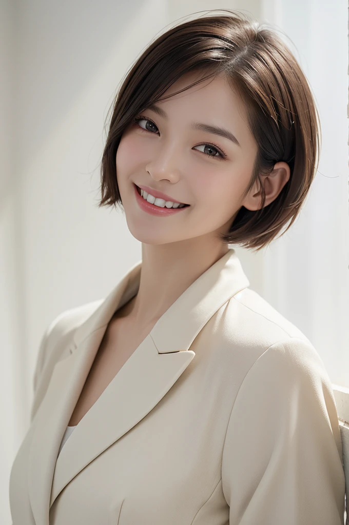 realistic light,natural light,white background,최고 quality、8 thousand、32,000、masterpiece、uhd:1.2) quality, primitive photorealism, laugh, Beautiful girl, cute, Short hair, depth of field, high resolution, ultra detail, Highly detailed eyes and face,small eyes,Short hair,short cut,short hair,Ivory Jacket,Real picture, Sense of presence, Girlish,Lovely, smile