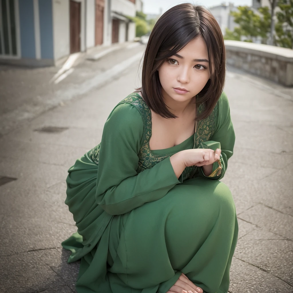 Create an image depicting a woman dressed in green clothing who exhibits excessive concern and consideration in her everyday life. Show her in various daily situations where she demonstrates heightened attentiveness and care towards others. Capture realistic expressions and gestures that convey her thoughtful and empathetic nature. Set the scenes in typical daily environments to emphasize the relatability and realism of her actions. Ensure the composition portrays her genuine kindness and attentive demeanor convincingly.