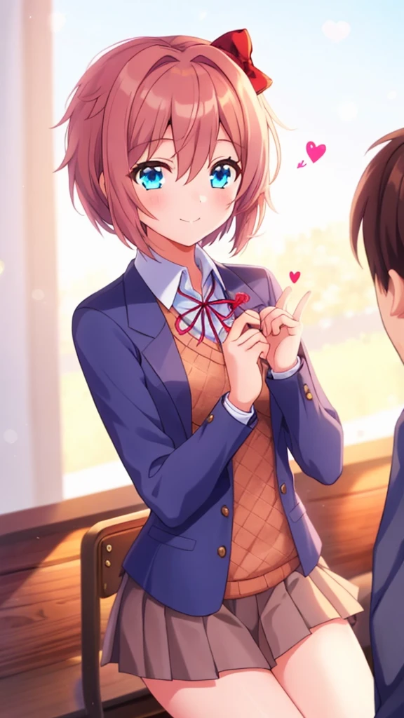 one girl, Sayori, DDLC, Doki Doki Literature Club, hair bow, short hair, cheerful girl, school blazer, positive girl, light blue eyes, girl focus, fascinating, face focus, my girlfriend, date with her, heart mark, ecstatic