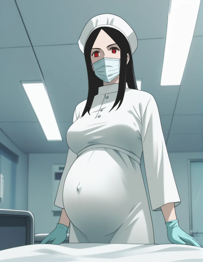 score_9, score_8_up, score_7_up, source_anime, raw image, masterpiece, highest quality, kasuganoray, pale skin, red eyes, long black hair, big breasts, scrubs, surgical mask, surgical cap, long sleeve maternity dress, seamless, tits, navel head,
1girl, pregnant, solo, rubber gloves, looking down, furrowed brow, hospital bed, light shines from the ceiling, standing