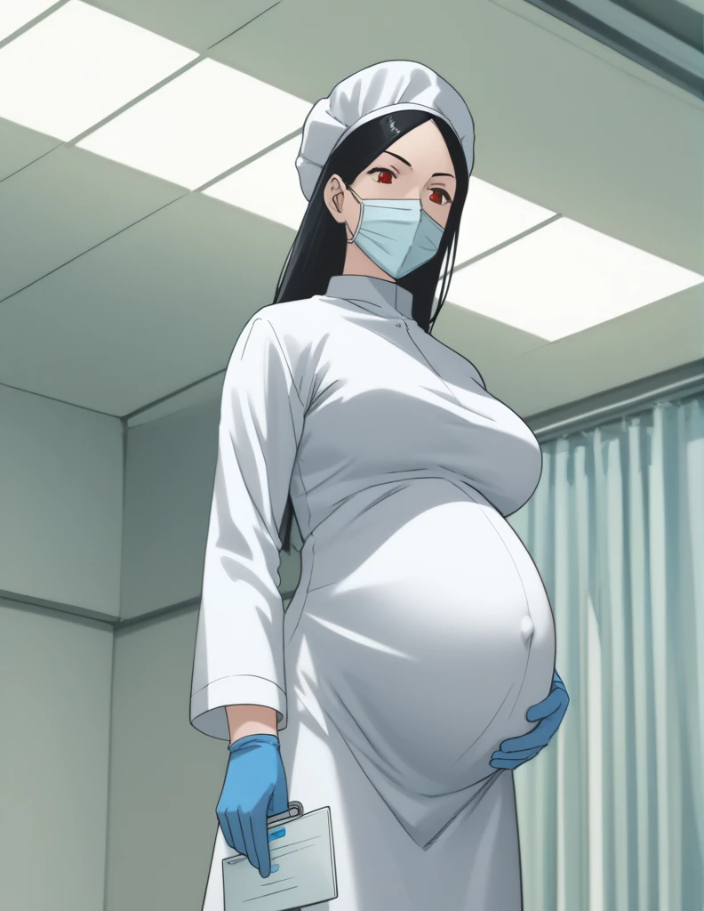 score_9,  score_8_up, score_7_up, source_anime, raw image, masterpiece, highest quality, kasuganoray, pale skin, red eyes, long black hair, big breasts, scrubs, surgical mask, surgical cap, long sleeve maternity dress, seamless, tits, navel head, 
1girl, pregnant, solo, rubber gloves, looking down, furrowed brow, hospital bed, light shines from the ceiling, standing