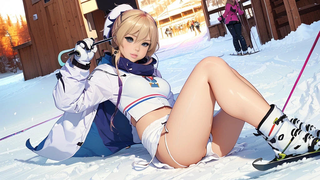 1womanl、(europeu:1.3)、blond、(super cute)、(beautiful face:1.5)、(face detailed)、(skiing:1.6)、(wearing a miniskirt:1.3)、(fall down and open your legs:1.3)、(I can see your panties:1.3)、(White-panties:1.3)、(badass clothing:1.1)、(skiing場)、(Em SFW:1.5)