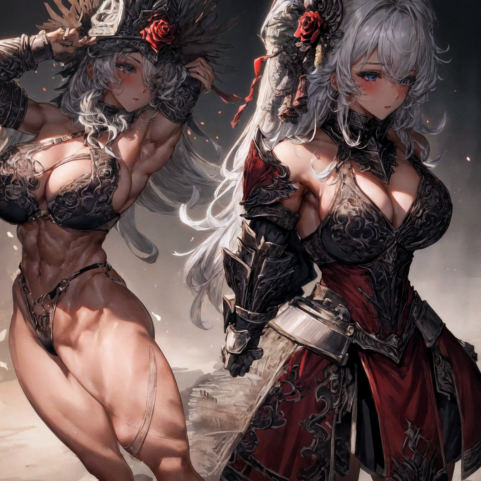 (1girl :1.3),portrait, woman, sister of battle, holding sword, dark background,(red blood rose armor:1.5), (hdr:1.4), high contrast, (cinematic:0.85), (muted colors, dim colors, soothing tones:1.3), low saturation, smoke,shining sword,cluster amaryllis,wind,dragon loong spirit behind,perfect anatomy, centered, approaching perfection, (athletic female), detailed face, short hair, white hair, bangs, feminine, nice breasts, beautiful detailed girl, extremely detailed fingers, cute, young, mature face, realistic face, realistic body,armour, adepta sororitas