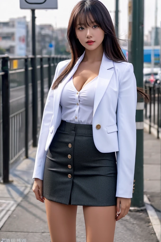a 16 year old girl, she is the most beautiful actress in the world, the perfect body proportions of this girl, the blazer is firmly closed by it's two buttons on the waist area of shirt above short skirt, the skin of her upper body with it's large breasts are covered 100% by the shirt that's covered by the blazer, it's hard for the short skirt to hide the crotch area between her bare legs, it's only one description of one body, it's from right above her head to right above her feet are just within this frame, all her body is looking forward to viewer, she is standing at the city street, nsfw, best quality, highly detailed, masterpiece, ultra high res, photo realistic, 8k, RAW photo