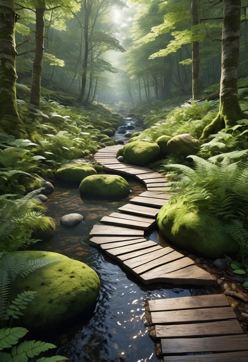 Generate a highly detailed, semi-realistic 8K image of a serene forest scene with a clear, flowing stream. The stream should have detailed water textures and reflect the sunlight, with rocks covered in moss and ferns growing alongside the bank. The forest should feature dappled light filtering through the leaves, creating soft shadows and intricate patterns on the forest floor. Include detailed wooden pathways and textured stone paths that lead through the forest. The atmosphere should be calm and refreshing, with anime style 40% and realistic details 80%, focusing on natural, muted tones to enhance the serene environment.