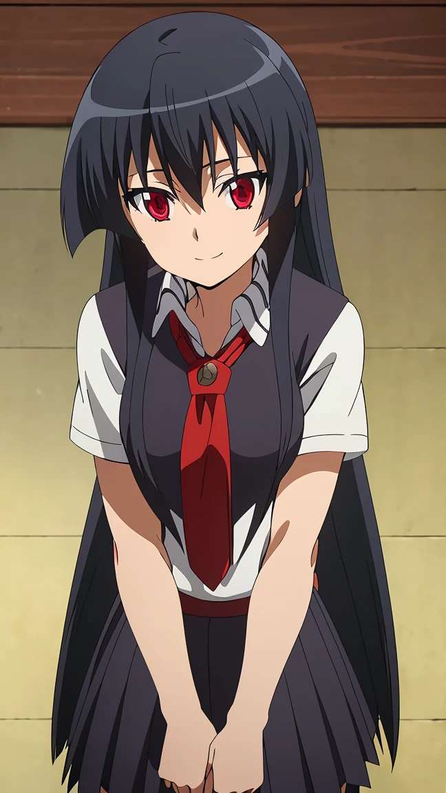 Master piece, best quality,(((1girl,solo))),full_body,akame,red_eyes,black_hair,(((very_long_hair))),cowboy_short,looking_at_me,smile_face,(school_uniform,skirt, serafuku, pleated skirt, neckerchief, short_sleeves, sailor_collar, blue_skirt,white_shirt, red_neckerchief, blue_socks, loafers),backgroud_school