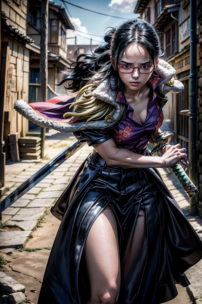 1 girl, Tashigi, age 15, pale skin, perfect eyes, black eyes, glasses, black hair, hair slicked back, pink coat, coat on shoulders, (((open shirt))), mini skirt, skirtlift, sexy, (((holding a sword))), ((RAW photo, masterpiece, high details, highres, absurdres, 8k, best quality, UHD, realistic)), sunlight, shadow details, cloudy day, fortress, battoujutsu