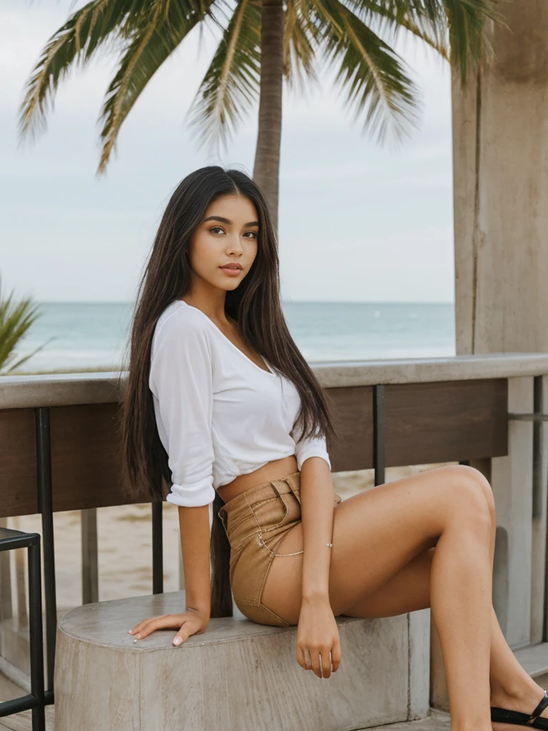 Madison Beer, her name is Jamila, high quality, 1girl, ((20-year-old fit black woman)), ((25 years old)), ((slim)), long hair, pose: sitting, wearing stylish modest classy fashionable Generation-Z modern wear different colored, BACKGROUND: outside: beach cafe