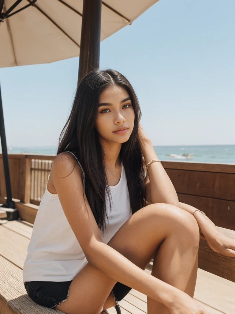 Madison Beer, her name is Jamila, high quality, 1girl, ((20-year-old fit black woman)), ((25 years old)), ((slim)), long hair, pose: sitting, wearing stylish modest classy fashionable Generation-Z modern wear different colored, BACKGROUND: outside: beach cafe