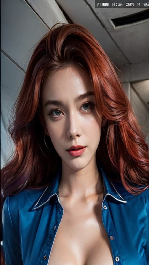 (masterpiece:1.35),(bestquality:1.4),8k,ultra-detailed,photography,(ultra-realistic:1.4),film grain,Fujifilm XT3,1girl,aisan slim female,solo,eyeliner,eyelashes,eyeshadow,lips,random_color_lipstick,random_color_nail_polish,stylish_chlothing,(Pouted Lips,HMI lighting,Looking At Mirror,eye level view/level gaze/straight gaze:1.45),(Cherry red Hair,quad tails,high ponytail,sidelocks:1.37),