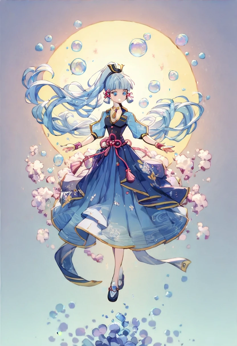(masterpiece), (Highest quality), (Super detailed),(Disheveled Hair),(figure), (One girl), (Fashionable clothes), Are standing, Fashion Model, View your viewers, (interview), (Simple Background),Beautiful attention to detail, Delicate and beautiful face, floating,(High saturation),(Colorful splashes),Colorful Bubbles,(The Shining), Focus on the face, ponytail, kamisato ayaka, Light blue hair, bangs, Hair Ring, Floating Flowers, Floating hair, (The Shining), Best lighting, Best Shadow,