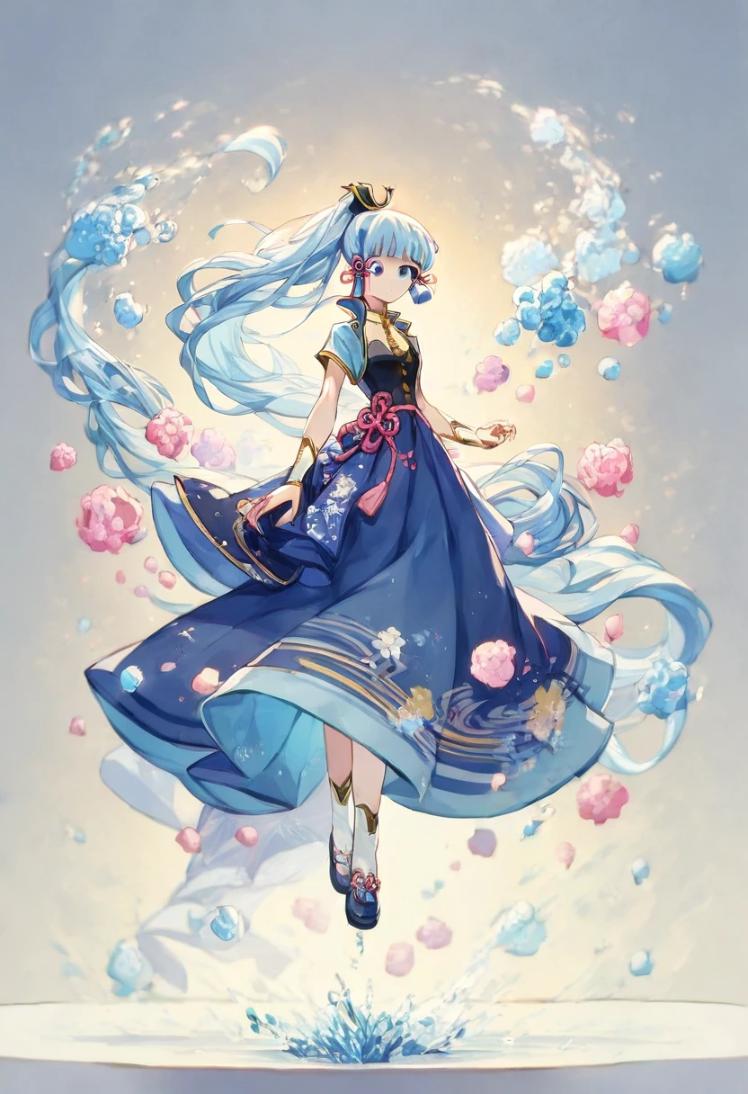 (masterpiece), (Highest quality), (Super detailed),(Disheveled Hair),(figure), (One girl), (Fashionable clothes), Are standing, Fashion Model, View your viewers, (interview), (Simple Background),Beautiful attention to detail, Delicate and beautiful face, floating,(High saturation),(Colorful splashes),Colorful Bubbles,(The Shining), Focus on the face,  ponytail, kamisato ayaka, Light blue hair, bangs, Hair Ring, Floating Flowers, Floating hair, (The Shining), Best lighting, Best Shadow,