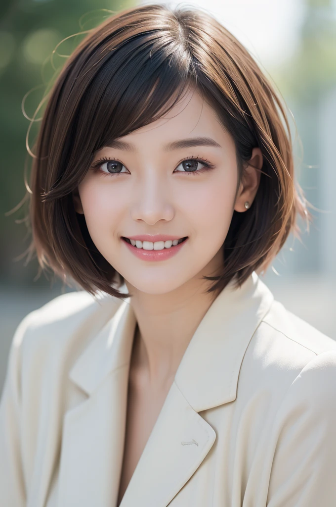 realistic light,natural light,white background,최고 quality、8 thousand、32,000、masterpiece、uhd:1.2) quality, primitive photorealism, laugh, 아름다운 girl, cute, Short hair, depth of field, high resolution, ultra detail, Highly detailed eyes and face,small eyes,Short hair,short cut,short hair,Ivory Jacket,Real picture, Sense of presence, Girlish, girl, eye smile