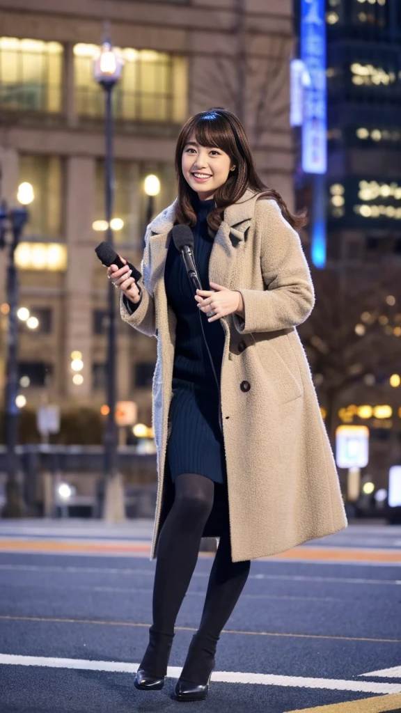 A full-body photo of a cute Japanese weather forecaster wearing a coat,Medium Hair, pumps,A girl broadcasting live with a microphone,Broadcasting with a microphone outdoors in Tokyo in winter,Standing in front of Tokyo Station,wearing pumps and black tights,masterpiece