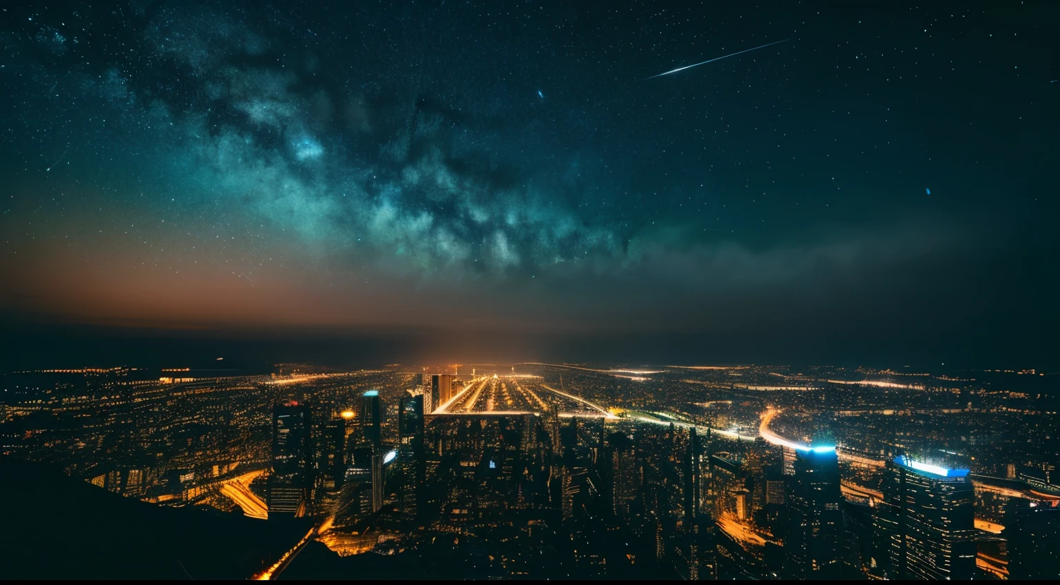 landscape, Realistic, Future City, Night view,rendering style, Starry Sky, Depth of written boundary, photograph, movie, High resolution