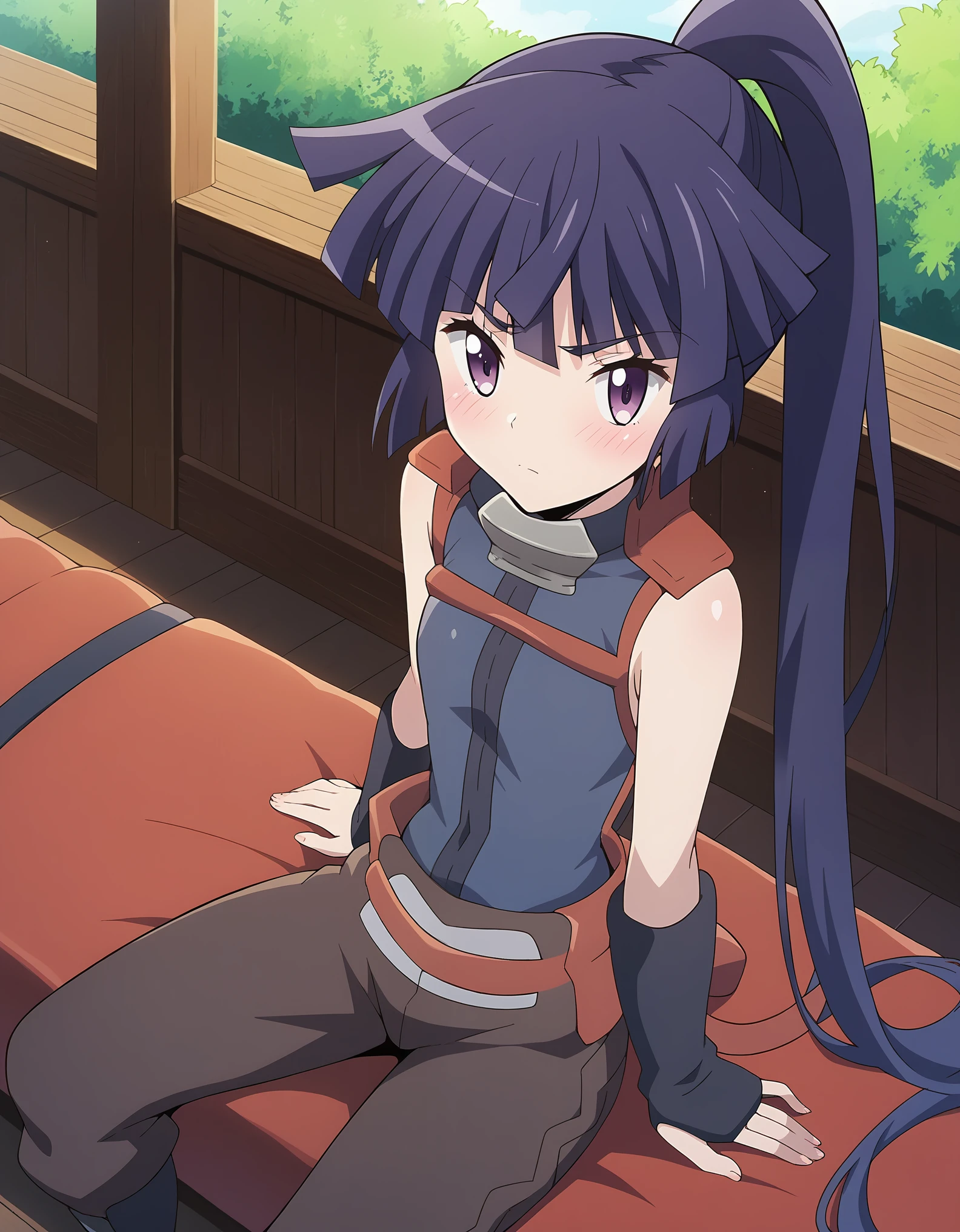 score_9, score_8_up, score_7_up, lhakatsuki, ponytail, flat chest, assassin clothes, sitting, blush, looking at viewer
