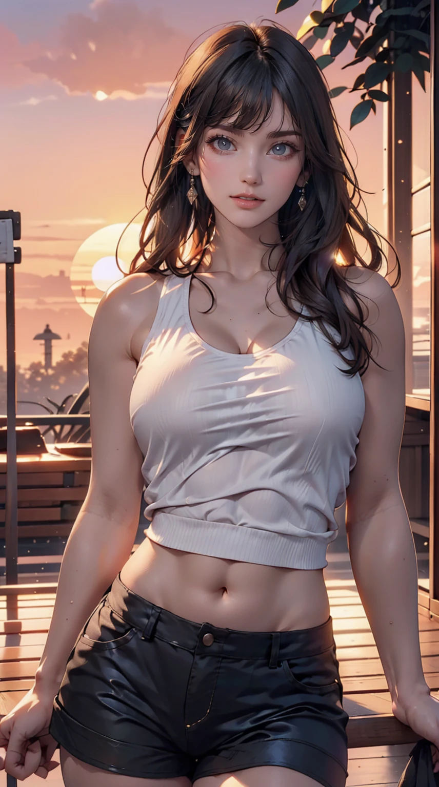 A 23-year-old white woman with unparalleled beauty、blue eyes、The eyes are wide open、Dark Blonde、Hair is wavy、semi-long、The navel is sticking out、My abs are ripped、Slender yet well-proportioned muscular body with big breasts、Photorealistic images、8K quality、My chest is popping out、I want my head to stay off screen、I have a wristband on my wrist、Model-like height and style、Wearing a dark blue zipper-up tank top、wearing black leggings、At the ruins of an ancient fortress、Arms crossed、Putting your back against the wall、smile