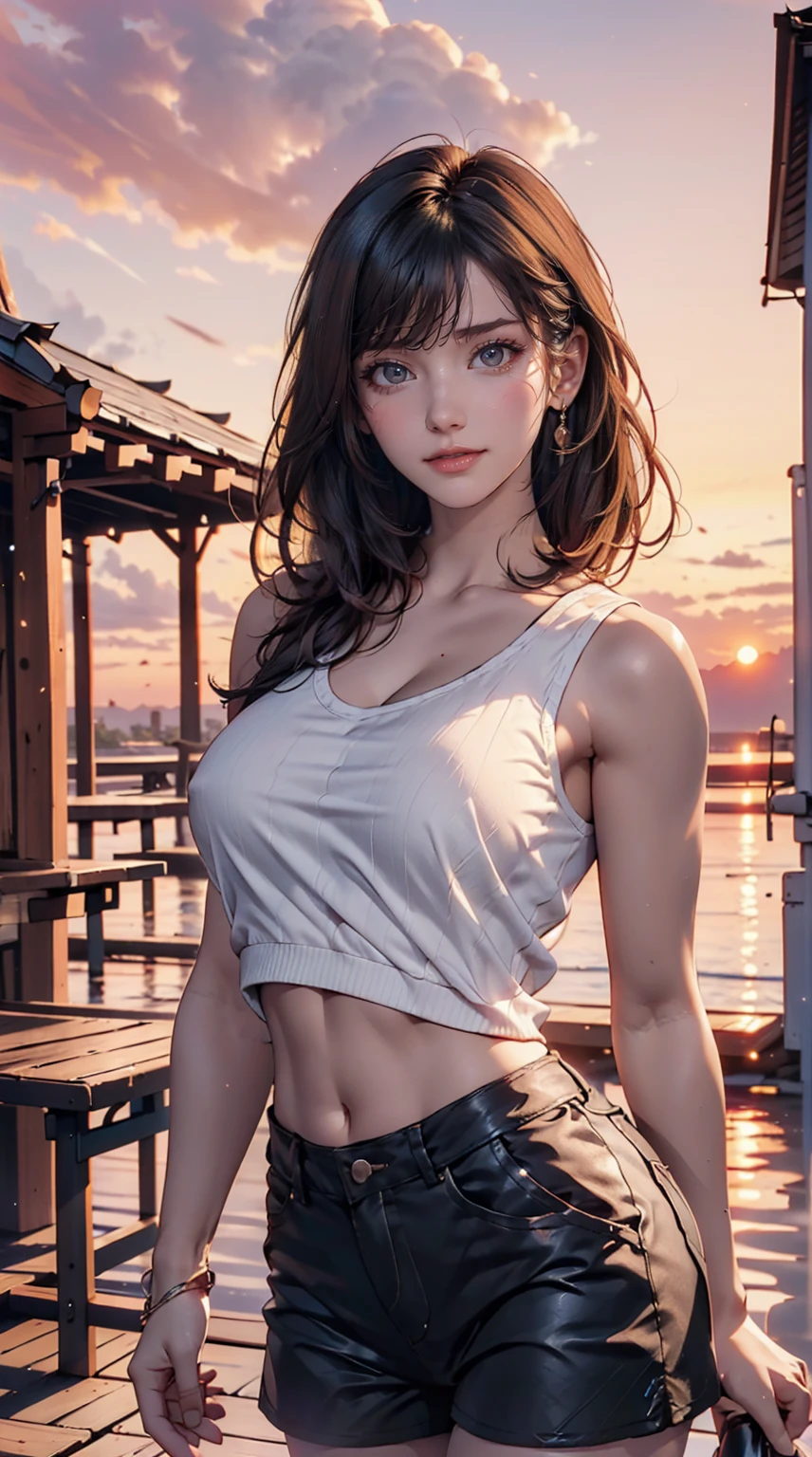 One mature woman, smile, Focus on your audience, Beautiful lighting, Highest quality, masterpiece, Ultra-high resolution, Realistic, Black Hair, Short tank top, Shorts, Long Stockings, Medium chest, White skin,( Sunset background:1.4)、Sexy proportions