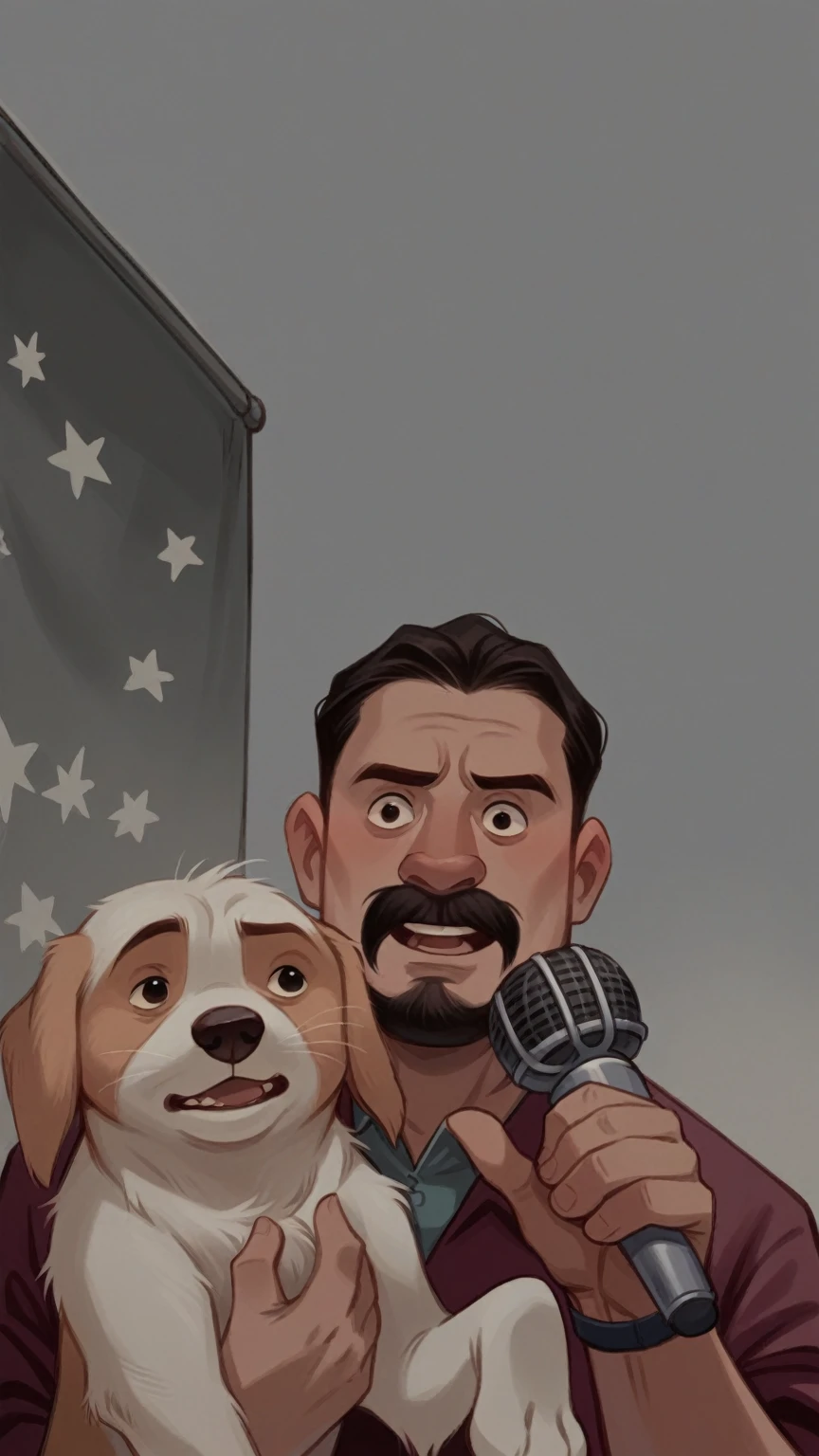 A disney pixar movie poster featuring a character with a short beard and mustache. Wearing wizard clothes, Grinning, singing into a stand microphone, in one arm holding a dog and in the other holding a cat. Under a blue sky, full of stars, planets and flying saucers