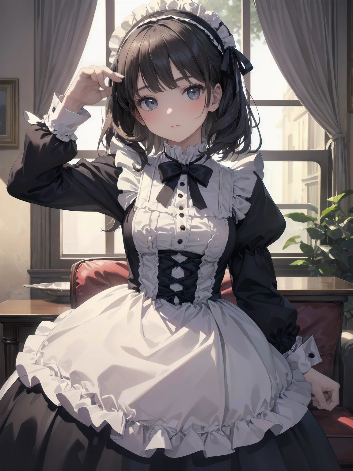 (Highest quality、16K、masterpiece、Ultra-high resolution、Victorian era、Photorealistic:1.2)、A delicate Lolita girl, aged 13、Cute pose of a lolita maid,