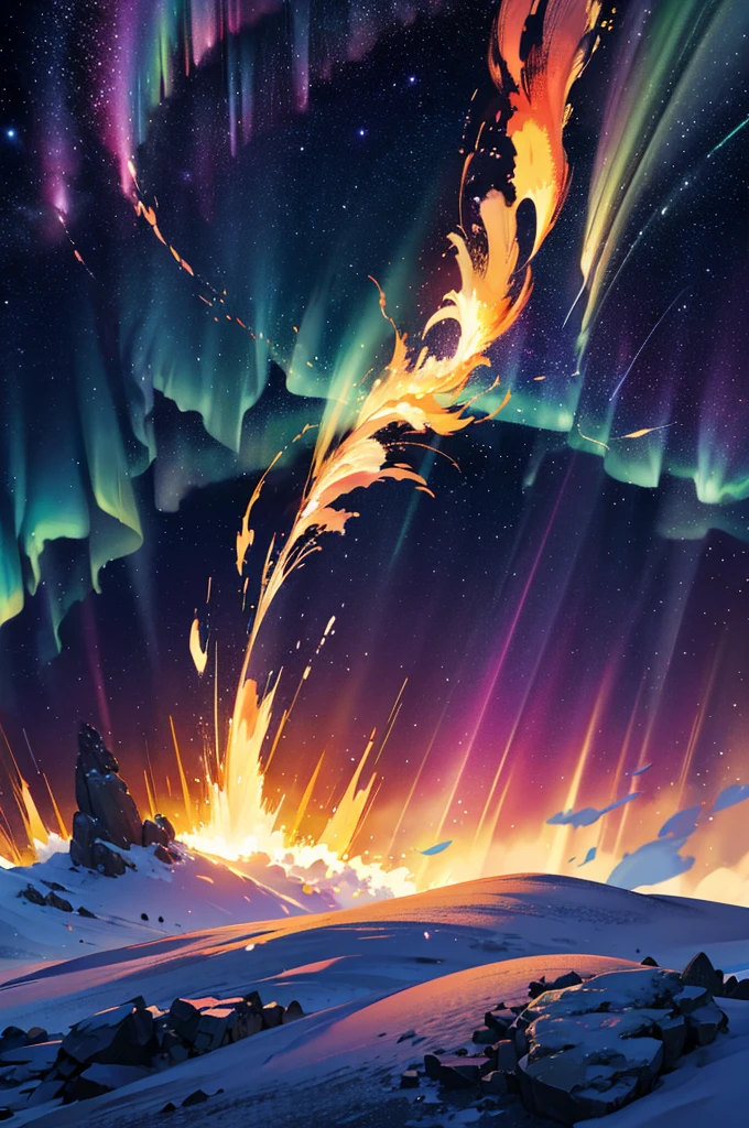 golden light, fire explosion, purple waves crashing behind, green and blue tornado, white blizzard, aurora borealis, flaming sun, flying rocks and ice, bright light, darkness, maguc, feathers