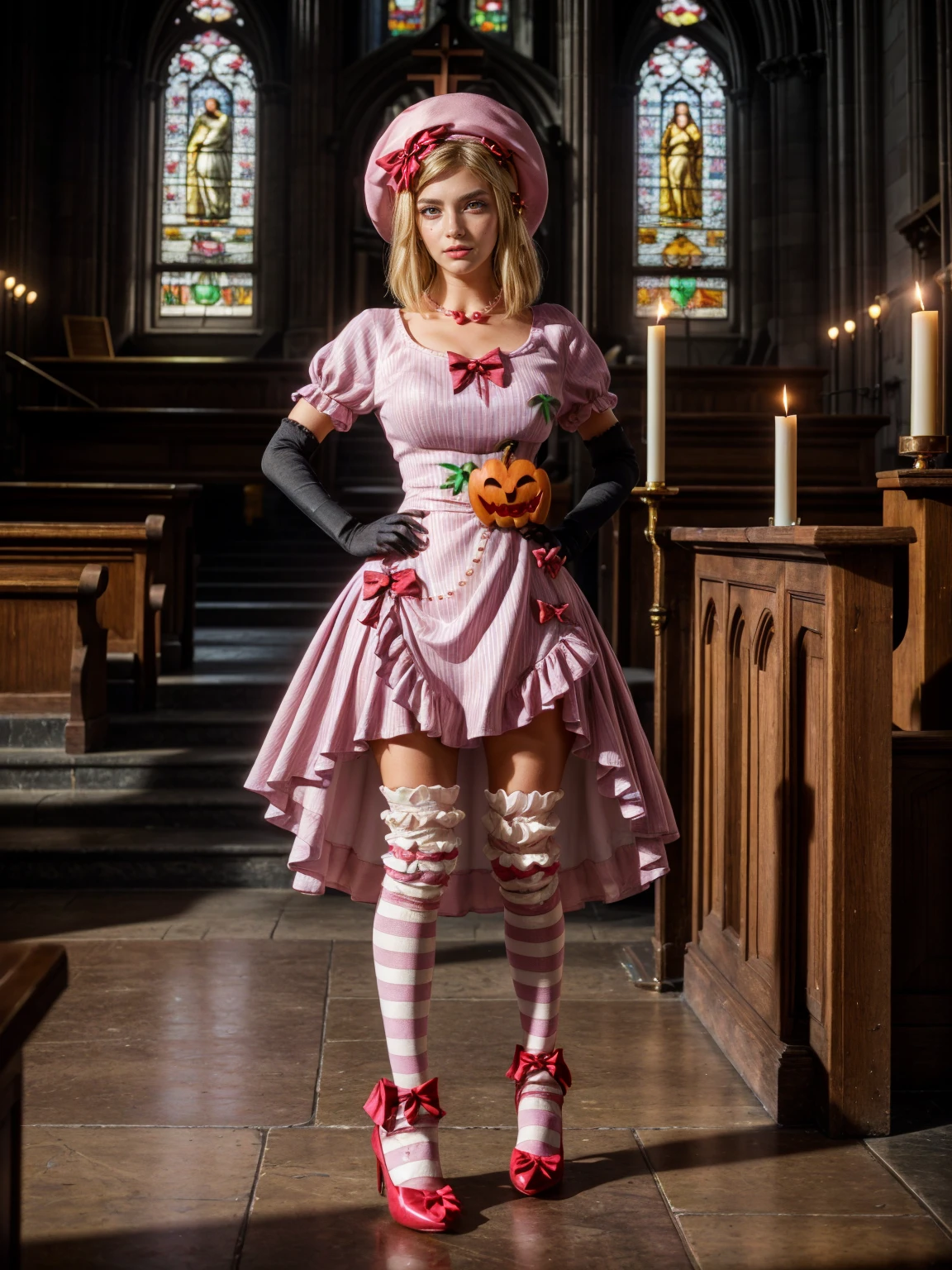 (1 lady), The beautiful, (Best quality at best:1.4), (ultra - detailed), (extremely detailed CG unified 16k), gold blonde hair, very detailed, High-definition RAW color photo, professional photoshooting, amazing face and eyes, cosmetics, (amazingly beautiful girl), ((lambdadelta, tall woman, taller)), ((dress, shoes bow, red shoes, striped stockings, red bow, pink hat, necklace, gloves, pearl, pumpkin brooch, pink dress)), standing, sexyposture,(Dark and stylish cathedral, stained glass, altar, before the altar, candle lights, candle lights:1.3), (look from down), realistic cinematic face, head to feet long wide zoomed out view, full body long view, photorealistic, ((realistic natural blonde hair style, honey eyes)), gorgeous, extremely beautiful face, perfect model beauty, pout mouth, flirting smile, cleavages, city girl, western, shopping in the city, (masterpiece), best quality, high resolution, extremely detailed, blurred background, depth of field, cinematic lighting, (amazing legs, strong legs, athletic legs), high heels, clear and well-cared skin