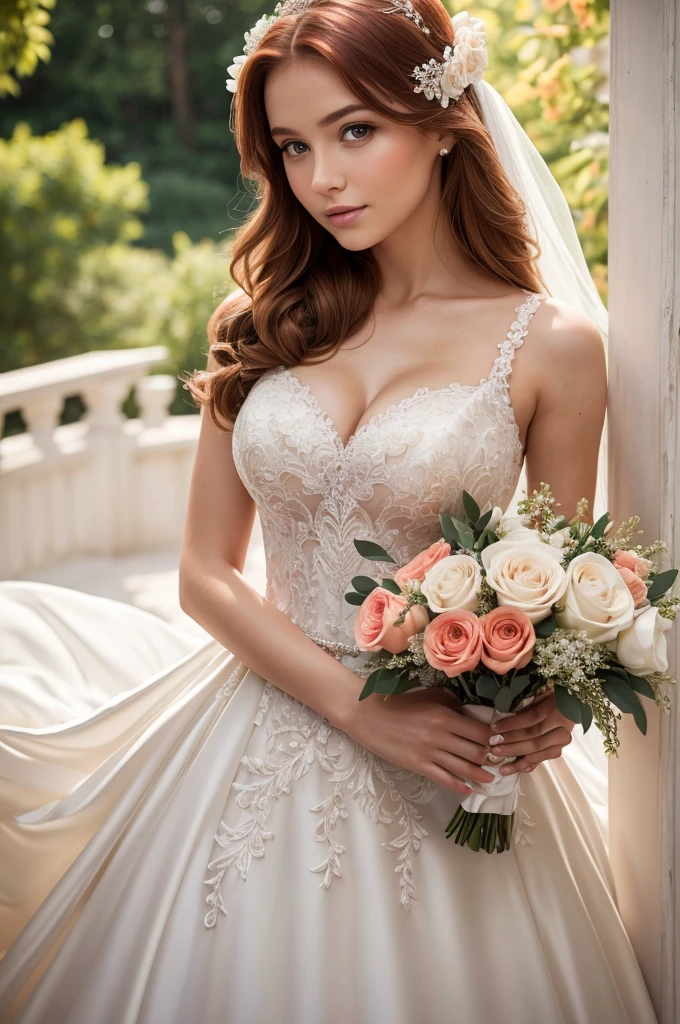 Masterpiece:1.2, Best Quality), Realistic, (real picture, intricate details, Depth of field), (1girl, solo), make up, parted lips, higly detailed, a perfect face, (Skindentation), thick-thighs, wide hips, small waist, ah high, glossy coral lips,, (Girl in wedding dress with flowers in her hands )), sexly, Blushing, Russian redhead, soft smile