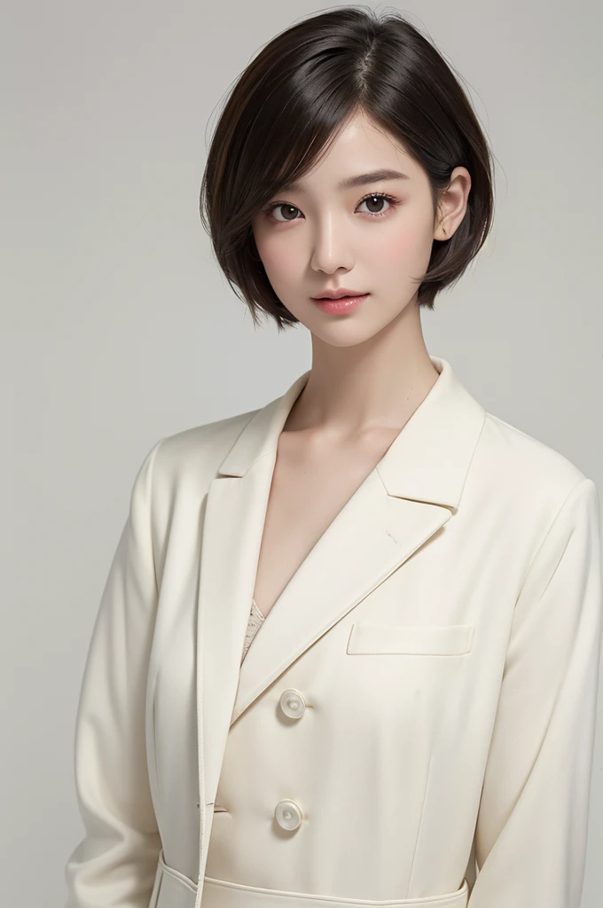 realistic light,natural light,white background,최고 quality、8 thousand、32,000、masterpiece、uhd:1.2) quality, primitive photorealism, laugh, 아름다운 girl, cute, Short hair, depth of field, high resolution, ultra detail, Highly detailed eyes and face,small eyes,Short hair,short cut,short hair,Ivory Jacket,Real picture, Sense of presence, Girlish, girl,