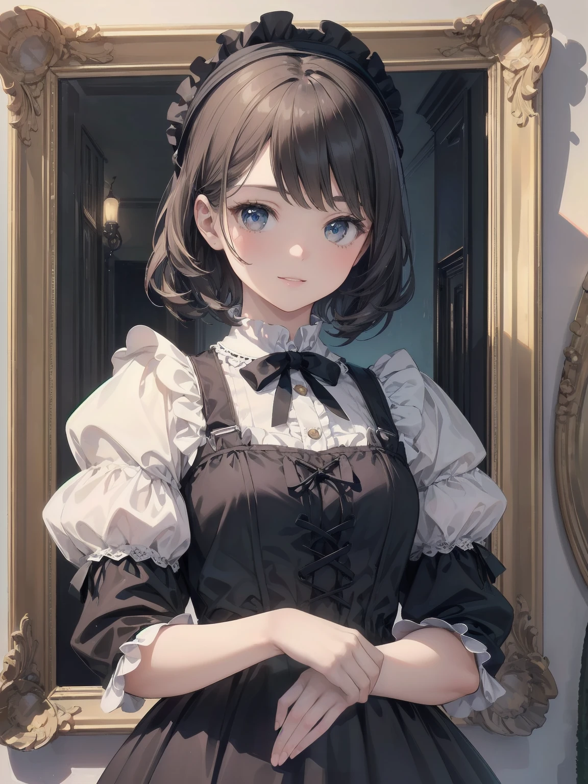 (Highest quality、16K、masterpiece、Ultra-high resolution、Victorian era、Photorealistic:1.2)、A delicate ta girl, aged 13、Cute pose of a loliaid、This 16K masterpiece of illustration beautifully captures the essence of Victorian elegance in a meticulously framed shot. Charming girl Solo radiates sexual allure. Her bright smile lights up the scene as if radiating from within. The pop design and the cuteness that oozes from the details are reminiscent of the best of the animated illustrators of the 2022s.