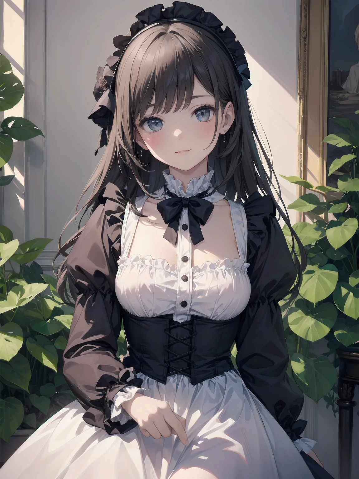 (Highest quality、16K、masterpiece、Ultra-high resolution、Victorian era、Photorealistic:1.2)、A delicate Lolita girl, aged 13、Cute pose of a lolita maid、This 16K masterpiece of illustration beautifully captures the essence of Victorian elegance in a meticulously framed shot. Charming girl Solo radiates sexual allure. Her bright smile lights up the scene as if radiating from within. The pop design and the cuteness that oozes from the details are reminiscent of the best of the animated illustrators of the 2022s.