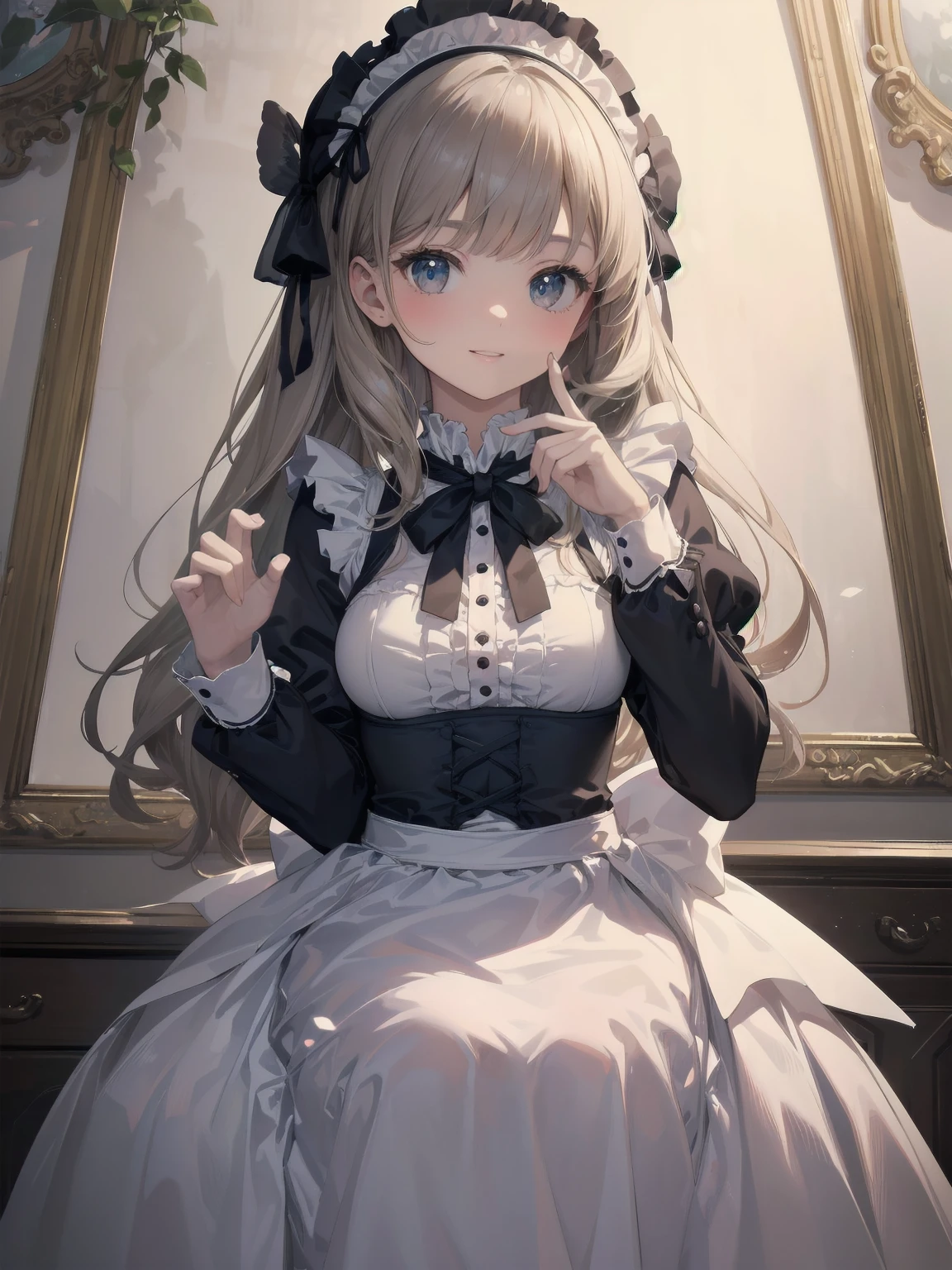 (Highest quality、16K、masterpiece、Ultra-high resolution、Victorian era、Photorealistic:1.2)、A delicate Lolita girl, aged 13、Cute pose of a lolita maid、This 16K masterpiece of illustration beautifully captures the essence of Victorian elegance in a meticulously framed shot. Charming girl Solo radiates sexual allure. Her bright smile lights up the scene as if radiating from within. The pop design and the cuteness that oozes from the details are reminiscent of the best of the animated illustrators of the 2022s.