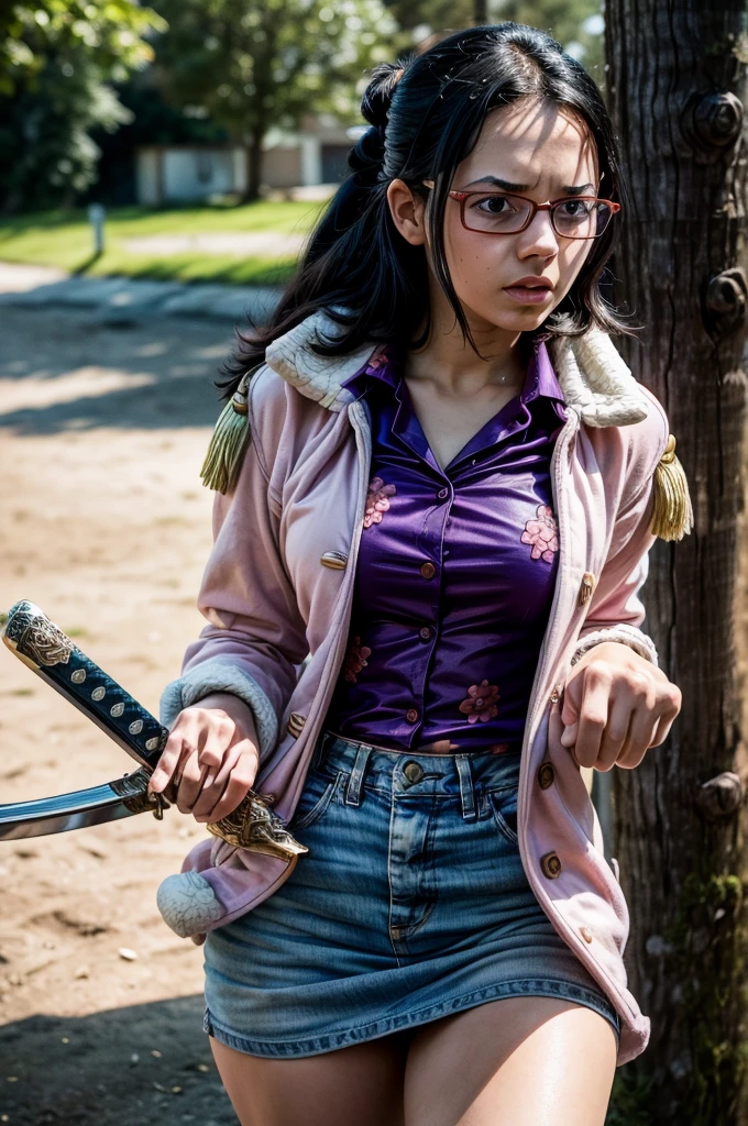 1 girl, Tashigi, age 15, pale skin, perfect eyes, black eyes, glasses, black hair, hair slicked back, pink coat, coat on shoulders, (((open shirt))), mini skirt, skirtlift, sexy, (((holding a sword))), ((RAW photo, masterpiece, high details, highres, absurdres, 8k, best quality, UHD, realistic)), sunlight, shadow details, cloudy day, fortress, battoujutsu