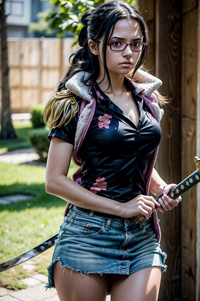 1 girl, Tashigi, age 15, pale skin, perfect eyes, black eyes, glasses, black hair, hair slicked back, pink coat, coat on shoulders, (((open shirt))), mini skirt, skirtlift, sexy, (((holding a sword))), ((RAW photo, masterpiece, high details, highres, absurdres, 8k, best quality, UHD, realistic)), sunlight, shadow details, cloudy day, fortress, battoujutsu