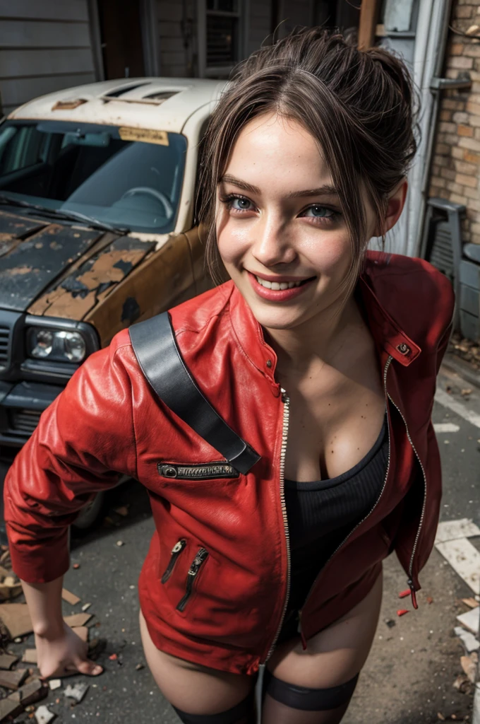 1girl, (realistic),(hyperrealism),(best quality),(masterpiece),(ultra high res),(photorealistic),idol,eye makeup,detailed eyes,detailed face, claireredfield2, brown hair, (red jacket:1.2), ponytail,, red wristband,, abandoned street, burning cars in background, littered street, smoke, chaos, zombie apocalypse, daytime, sunny,, looking at viewer, smiling, closeup shot,, sexy pose, seductive, flirting, sexy lingerie, sexy stockings, lingerie suspenders