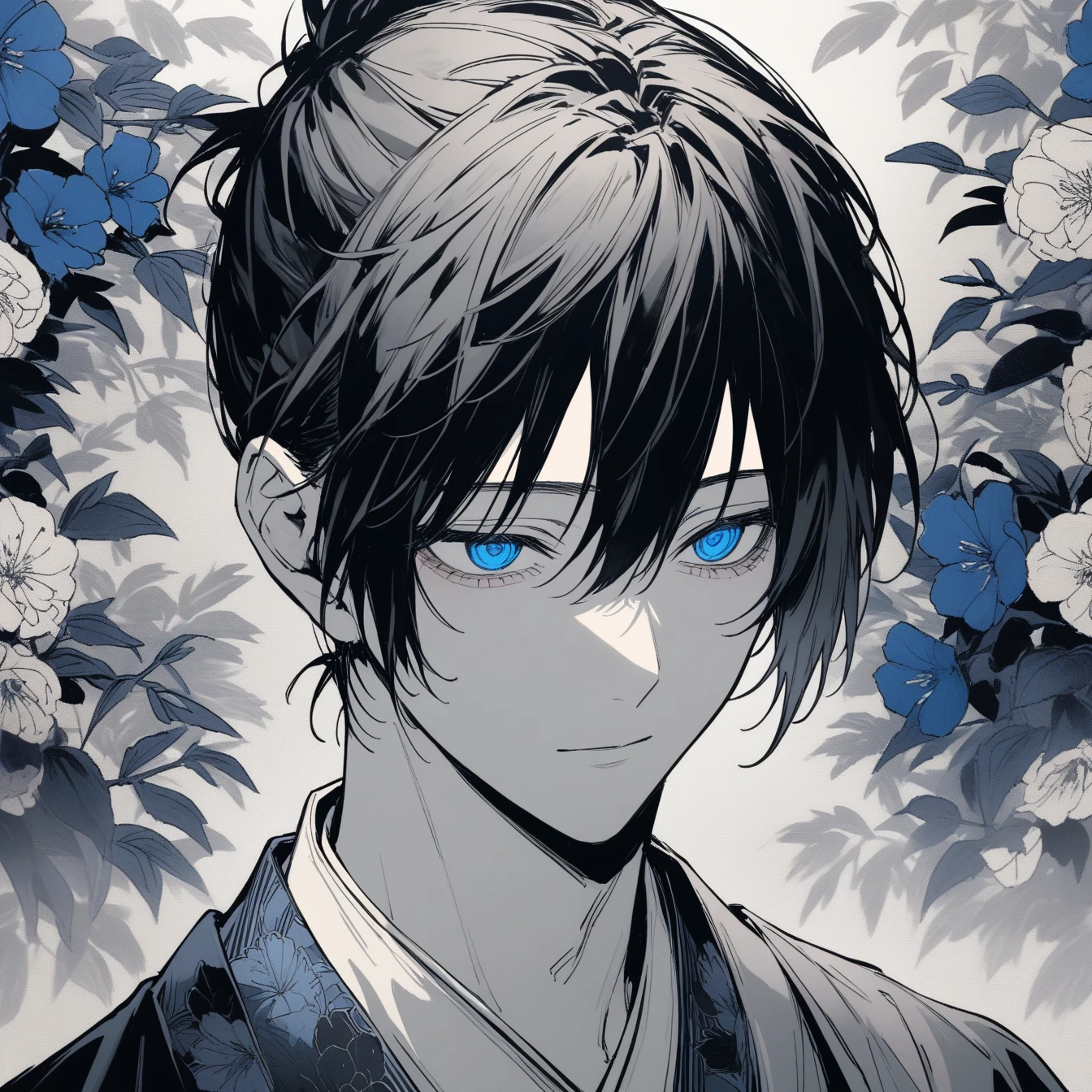 Beautiful anime portrait,Black and gray monochrome,Oriental Wallpaper,Pink,Feeling,dark blue hair,very anime style,1boy, male focus, hayakawa aki, chainsaw man,Flowers,Close-up,Soft Light,Rich in details,The expression is firm,Kimono decoration,Background blur,Vivid colors,情Feeling深沉,front,blue color eyes,Hayakawa Aki's hairstyle