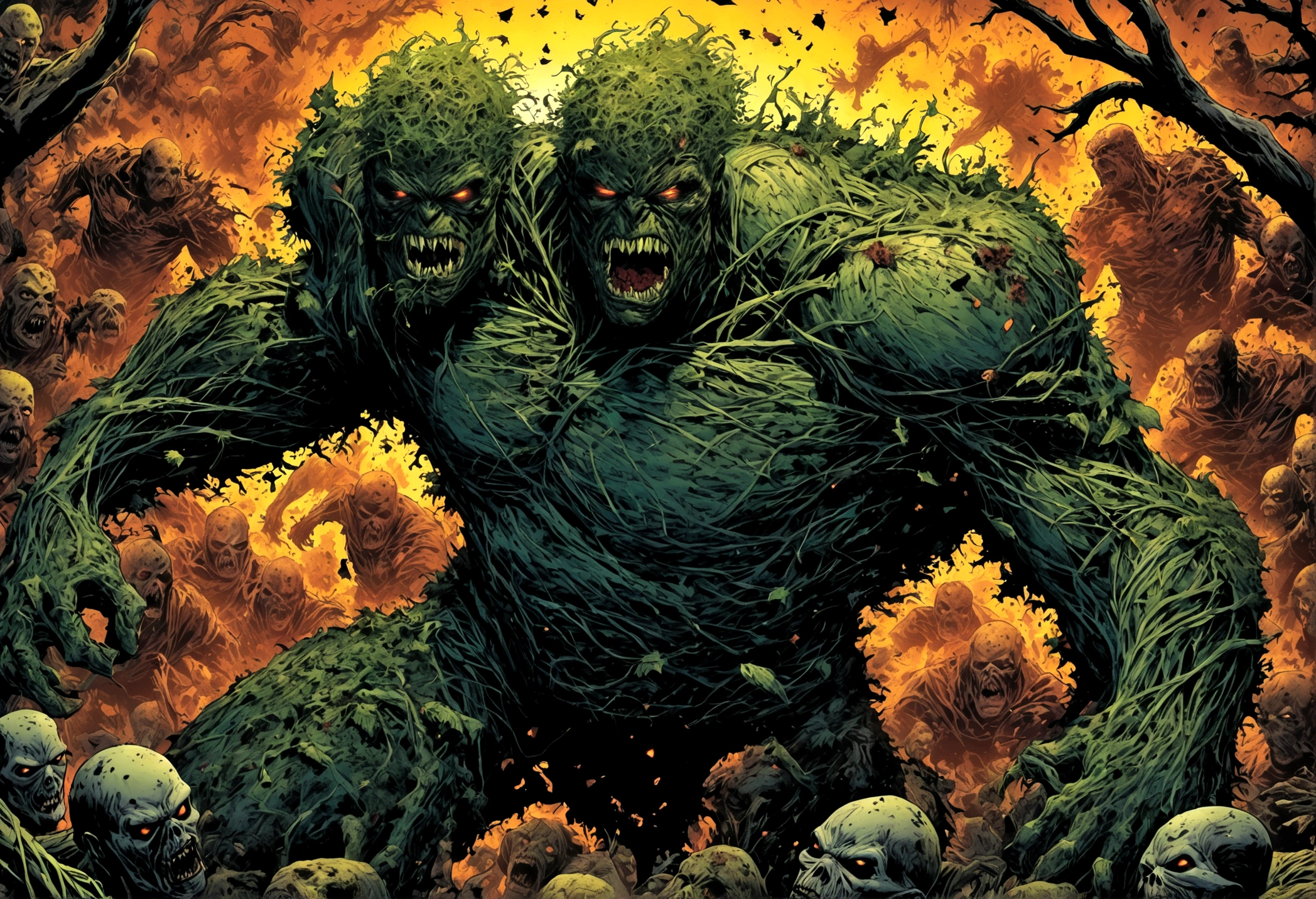 DC character Swamp Thing is in battle with a horde of Zombies. broken zombie parts flying. horror comic. night forest
