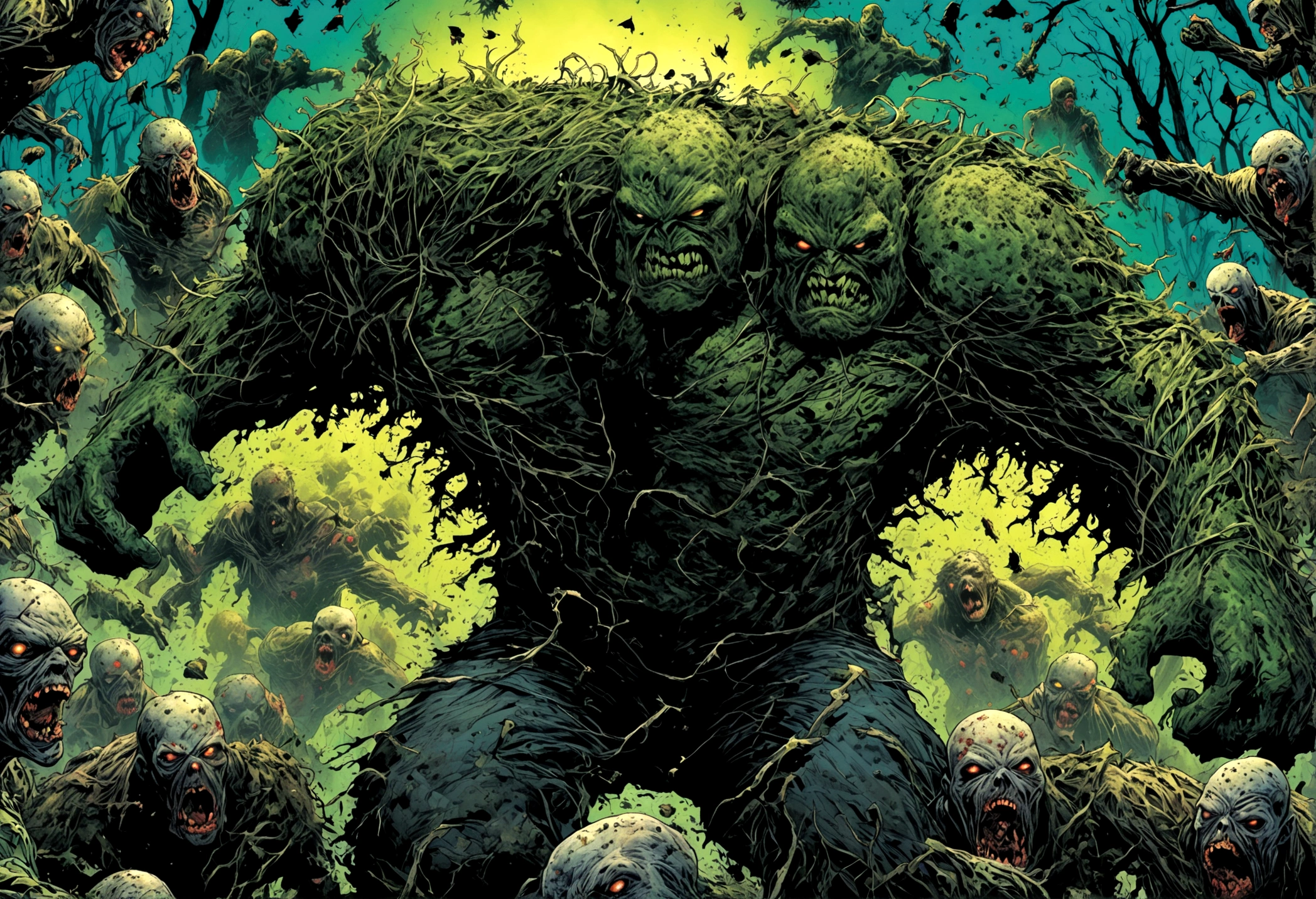 DC character Swamp Thing is in battle with a horde of Zombies. broken zombie parts flying. horror comic. night forest
