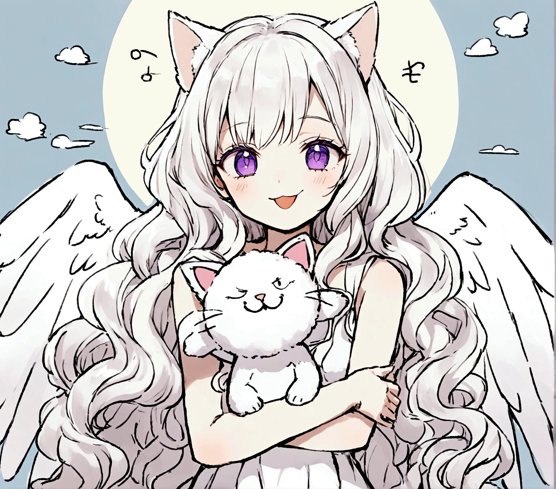 Wink,Long Wavy Hair,White hair is very attractive, Detailed and precise manual work, Attractive girl, White cat ears,Purple eyes and white eyelashes,light in your eyes,Big angel wings,Goofy face,Hugging the doll,delicate, A fluffy white dress like a cloud, Hand-drawn illustration,Broad background,