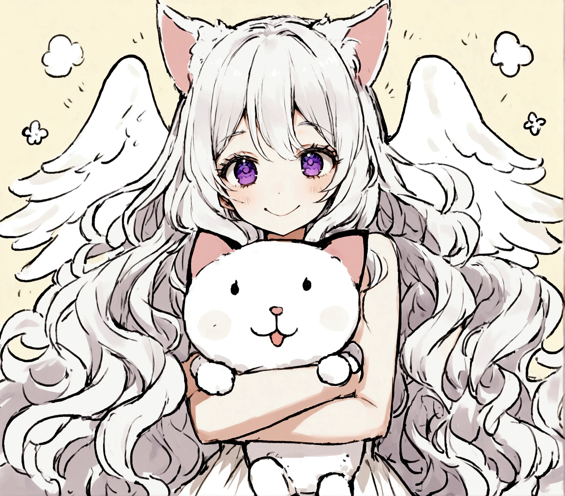 Wink,Long Wavy Hair,White hair is very attractive, Detailed and precise manual work, Attractive girl, White cat ears,Purple eyes and white eyelashes,light in your eyes,Big angel wings,Goofy face,Hugging the doll,delicate, A fluffy white dress like a cloud, Hand-drawn illustration,Broad background,