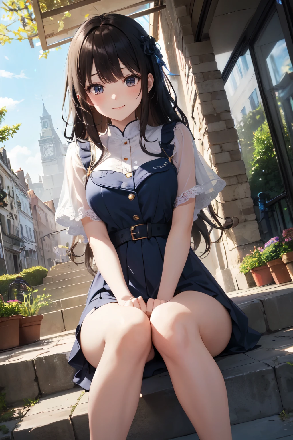 (A work depicting a scene from an anime for adults), ((Braiding, Silk camisole:1.5, ribbon, Round face, Realistic sized eyes, Droopy eyes, blush, Smile of shame, Thin lips, Spread your legs)), Open your mouth, (outside, On the sidewalk, Terrace table), futa, medium penis, handjob, veiny penis, cum on palm, handjob, penis, cum on hair,