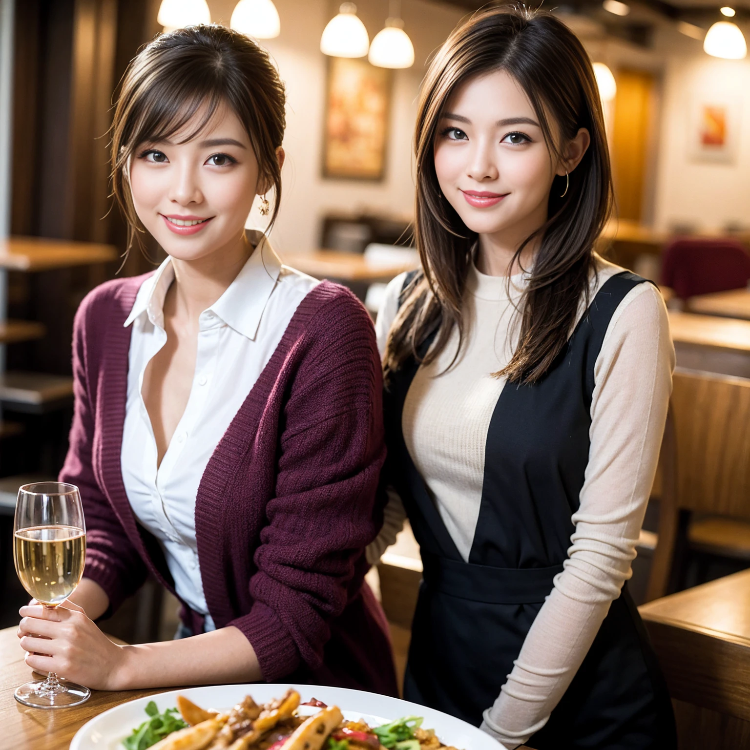 ((Highest quality、8K、masterpiece:1.3))、slimカップル、modelカップル、(Realistic, Intricate details:1.2), full-course dinner、Wine Party、Amazing view of the sunset sky and clouds、A bright smile、The wonderfulness of smile、Bright image、The beauty of wine, Beautiful Face, blue eyes, The light shines on your face, Blushing, short hair,Bright Face、 (Age 37), 39 years old, red wine 、Appetizers、Italian food、Wine bottle、Champagne、sparkling wine、Two beauties、Brown Hair、Shortcuts、Long sleeve shirt、dress、Beautiful woman 1, (slimな顔), (The body is slim), (Brown Hair), (Shortcuts), cheeks turn a little red,Attractive beauty、restaurant, In a prominent place (From the waist up) Nova Frog Style, actress, model, Upper Body, White wine, slim, wine glass, 中央に置かれたwine glass, smile, (smile: 1.15), Beautiful fine grain, Depth f/2,saturation, High Contrast, Strong light and shadow,Moist Body:1.5、3D texture、Delicate eyes、Brown Hair、The hair is very shiny、