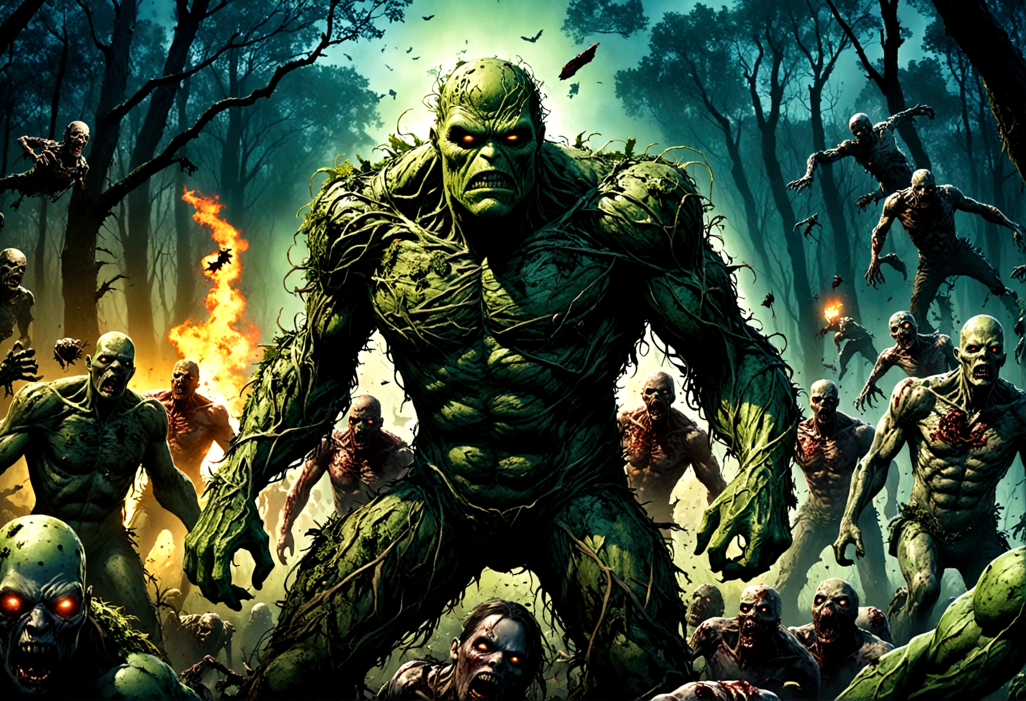 DC character Swamp Thing is in battle with a horde of Zombies. broken zombie parts flying. horror comic. night forest
