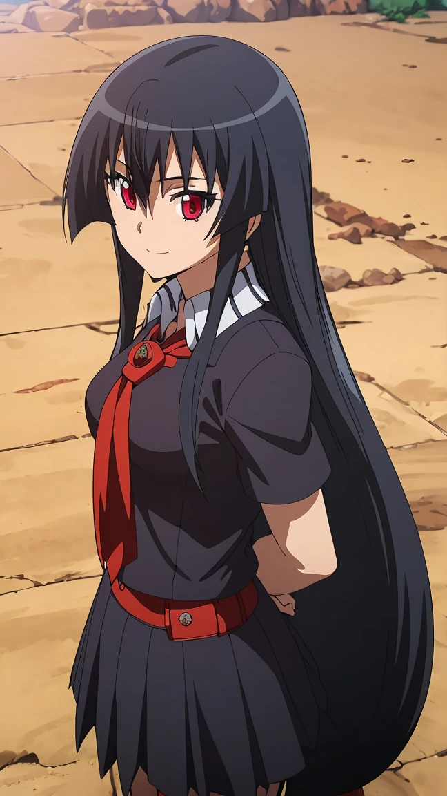 Master piece, best quality,(((1girl,solo))),full_body,akame,red_eyes,black_hair,(((very_long_hair))),cowboy_short,looking_at_me,smile_face,(school_uniform,skirt, serafuku, pleated skirt, neckerchief, short_sleeves, sailor_collar, blue_skirt,white_shirt, red_neckerchief, blue_socks, loafers),backgroud_school
